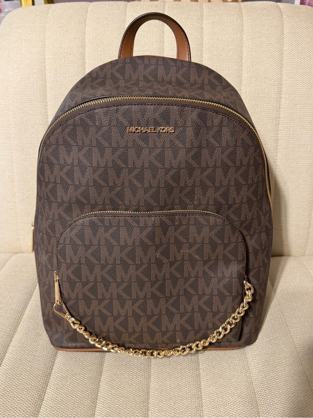 Michael Kors Jet Set Medium Backpack Brown MK Logo Gold Chain Pocket